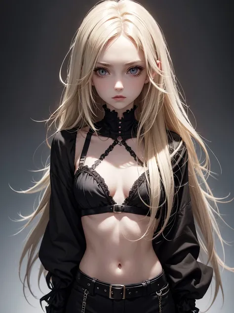 (best quality), 1girl, female, pale skin, (black hair), blonde ombre, medium hair, messy hair, hair over eyes, (brown eyes), perfect eyes, dark circles under eyes, skinny body, , flat chest, (gothic fashion), childish, masterpiece, anatomically correct, hi...