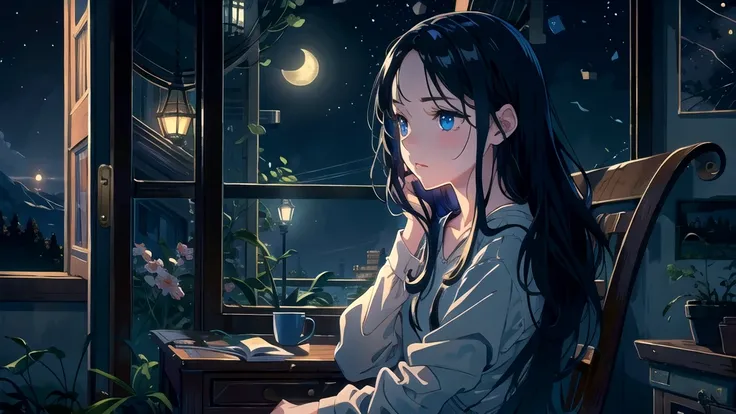 Create an illustration of a girl with black hair and blue eyes, sitting in a chair in front of a desk, Sentimental, Introspective look。, The moonlight gently shines into the room, Gently illuminate the space, Curtains sway in the wind, Increase tranquility...