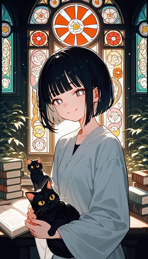 score_9, score_8_up, score_7_up, score_6_up, score_5_up, score_4_up, source_anime, beautiful and cute woman, innkeeper, playing with cats, long face, silvery bob cut, blunt bangs, droopy eyes, smirk, pink cheeks, in a dim forest, faint moonlight, inn entra...