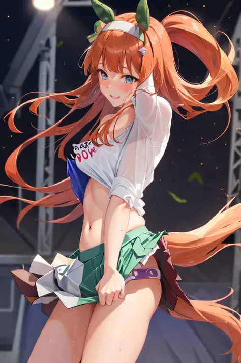 (sexy dance show:1.2),(skirt wind lift:1.9),silence suzuka (umamusume),good anatomy, masterpiece, best quality,realistic, hyperrealistic, 16k hdr,(red blush,smile:1.2),(Live Stage:1.3),(see through costume:1.2),Stage costumes,Horse tail,ultra miniskirt,nav...