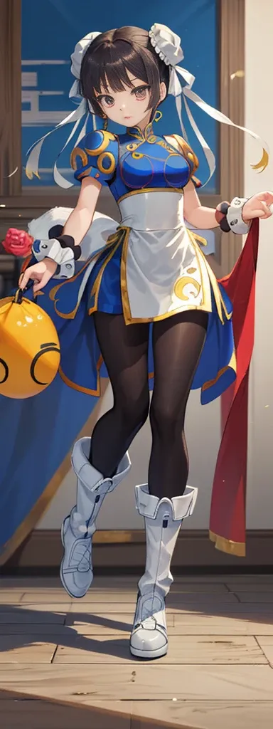 chun-li,((masterpiece)), ((best quality)), ((ultra detailed)), ((kawaii)), cute, (lovely), ((extremely detailed)), ((8K)), (beautiful),flat breast, tiny breast,full body