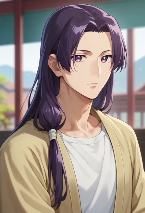 jinshi, long hair, purple hair, purple eyes, parted bangs, looking at viewer, low ponytail, solo, blurry background, 1boy, break...