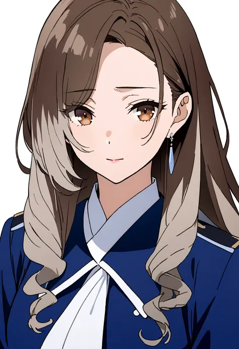 Masterpiece, Best quality, 1 Female, Mature Woman, Elder Sister, young girl, Royal Sister, brown eyes, long hair, smoky mix brown color hair, resolute eyes, white mix blue uniform, long white eardrop, Chinese mix morden, frontal photo, blank background, re...