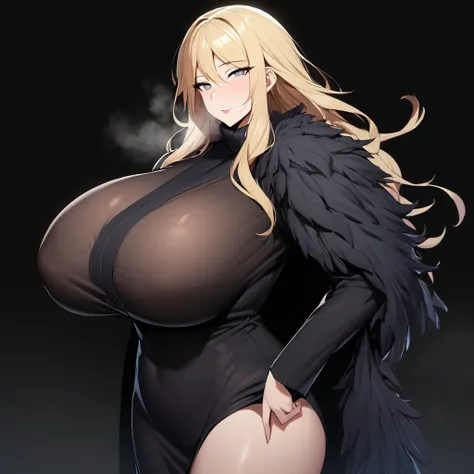 1girl,solo,Mature Women,Females in heat,blonde hair color,long hair,grey eyes,slanted eyes,Fluffy black coat,super huge breasts,slender,black knit long sleeves,Steam comes out of the body,breath,feather shawl,amorous glance,looking at viewer,near,standing ...