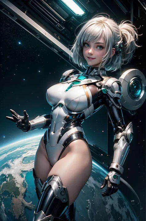 Perfect human body modeling, 1girl, beautiful girl, cute girl and idol face, young face, smile, ahoge and short bob cut and shiny silver hair, , hair, beautiful green eyes, medium breasts, shiny white skin, ears in robot style, black powered armor, full ar...