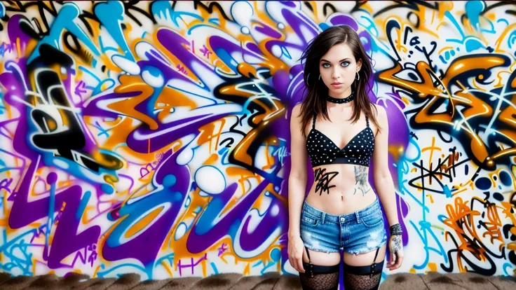 work of art, best qualityer, 1 girl, standing alone, Top cropped com top cropped, Shorts jeans, necklase, (graffit:1.5), ink spatter, Arms to cheeks, against the wall, Looking at the audience, clamps, thigh straps, blackstockings, paint on the body, tilt y...