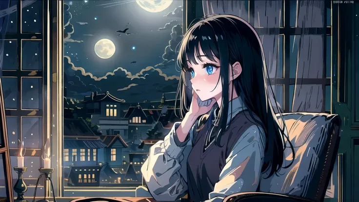 Create an illustration of a girl with black hair and blue eyes, sitting in a chair in front of a desk, Sentimental, Introspective look。, The moonlight gently shines into the room, Gently illuminate the space, Curtains sway in the wind, Increase tranquility...