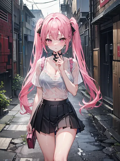 (8K、Top image quality、top-quality、​masterpiece)、A detailed face、1 girl in、A pink-haired、((twintails))、Pink eyes、piercings、cry、((is crying))、large full breasts、white  shirt、((Bra visible through clothes))、((wet clothes))、Black pleated skirt、((a miniskirt))、...