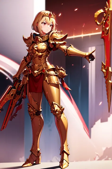 extremly detaled, dynamic pose, bare feet, detaled feet, feet focus perspective,goddess, shine gold and red armor, shield and pike