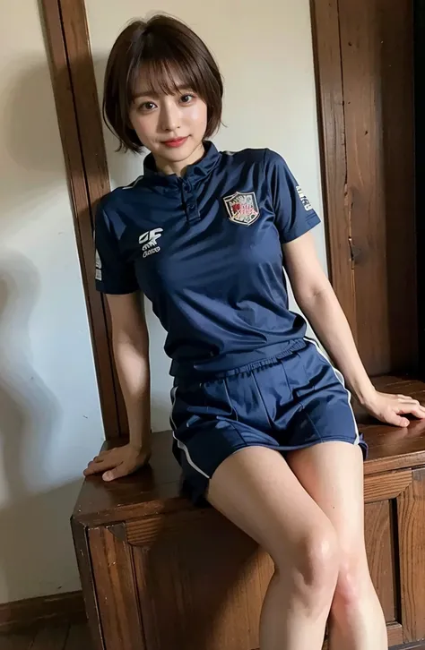 Holding an official size soccer ball、Photo at the soccer field、Blue Football Uniform、Japan National Football Team、Big breasts that can be seen even on top of the uniform、Braid only the front hair（（On the pitch at the National Stadium:1.4））、Full body photo、...