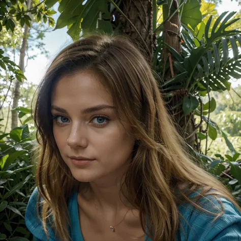 belle blonde explorant une forêt tropicale dense, (vêtue de vêtements de randonnée légers, observant la faune et la flore avec émerveillement et curiosité.), très détaillé, 21 ans, visage innocent, Cheveux ondulés naturels, yeux bleus, Haute résolution, ch...