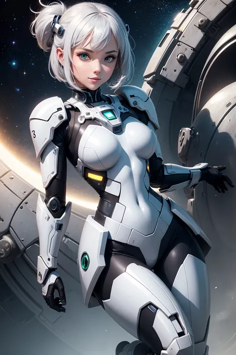 Perfect human body modeling, 1girl, beautiful girl, cute girl and idol face, young face, smile, ahoge and short bob cut and shiny silver hair, , hair, beautiful green eyes, medium breasts, shiny white skin, ears in robot style, black powered armor, full ar...