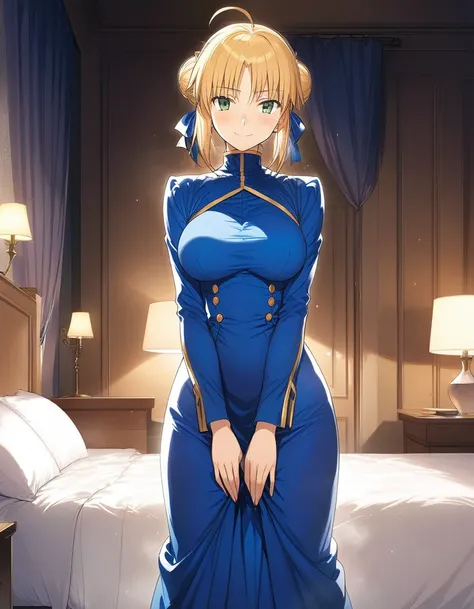 best quality, amazing quality, very aesthetic, 1girl, saber, fate/stay night, 1girl, saber, fate/stay night, , (artist official art:1.5), french braid bun hair, ahoge_hair, green eyes, steaming body, large breasts, jitome, cinematic light, official_blue_lo...