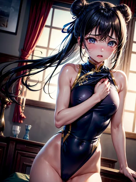 Highest Resolution,Highest quality,A beautiful girl in a Chinese leotard crying,Bun Hair,Dark bedroom,Tears,Open your mouth and drool,whole body,Sweat profusely,Cry,Beautiful eyes,