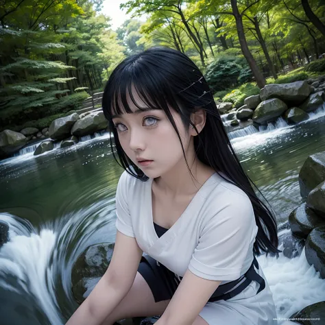 Beautiful Ghibli style of Hinata Hyuga at Konoha in real life Action cosplay. Low angle Splashing photography effect, gloomy low key lighting, random digital Wallpaper background . Use the Sigma fisheye lens, f/3.5. Analog Movie, dramatic weather