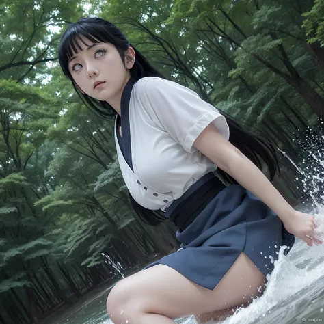 Beautiful Ghibli style of Hinata Hyuga at Konoha in real life Action cosplay. Low angle Splashing photography effect, gloomy low key lighting, random digital Wallpaper background . Use the Sigma fisheye lens, f/3.5. Analog Movie, dramatic weather