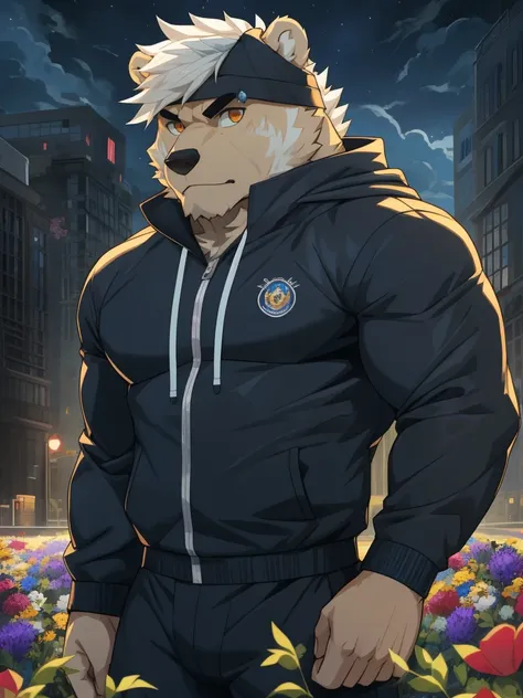 masterpiece，night，anthropomorphic bear，one person，（（（s hair））），male，26 years old，thick eyebrows，Strong body，Large pecs，（（（nude，White tracksuit，coat，Blue sports cap））），full-body shot，on city streets，（（（holding a machine gun））），（（（Ready to fight）））dark night...