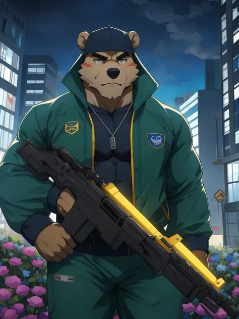 masterpiece，night，anthropomorphic bear，one person，（（（s hair））），male，26 years old，thick eyebrows，Strong body，Large pecs，（（（nude，White tracksuit，coat，Blue sports cap））），full-body shot，on city streets，（（（holding a machine gun））），（（（Ready to fight）））dark night...