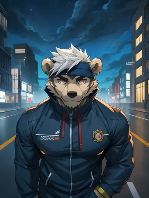 masterpiece，night，anthropomorphic bear，one person，（（（s hair））），male，26 years old，thick eyebrows，Strong body，Large pecs，（（（nude，White tracksuit，coat，Blue sports cap））），full-body shot，on city streets，（（（holding a machine gun））），（（（Ready to fight）））dark night...