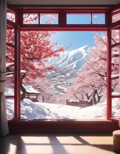 The scenery outside the window，snow mountain，Red plum，creek，8k，masterpiece，Super fine，Rich details，Realistic ray tracing，OC rendererst-person perspective