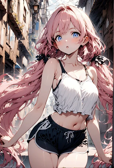 1girl in, Pink twin-tailed hair, blue eyess, a navel, Look at viewers, put hands on the hip, Black jacket, Dolphin Shorts, Rat trail section, (white  shirt:1.2),  Very long hair, Wide waist,Tank Tops、
Big(BodyProportions),