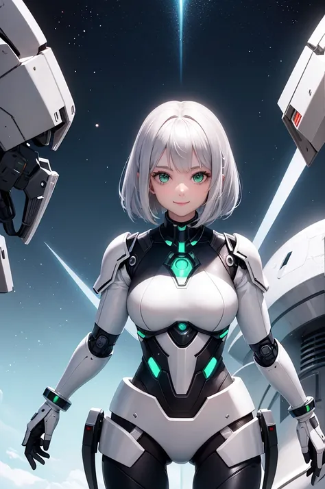 Perfect human body modeling, 1girl, beautiful girl, cute girl and idol face, young face, smile, ahoge and short bob cut and shiny silver hair, , hair, beautiful green eyes, medium breasts, shiny white skin, ears in robot style, black powered armor, full ar...