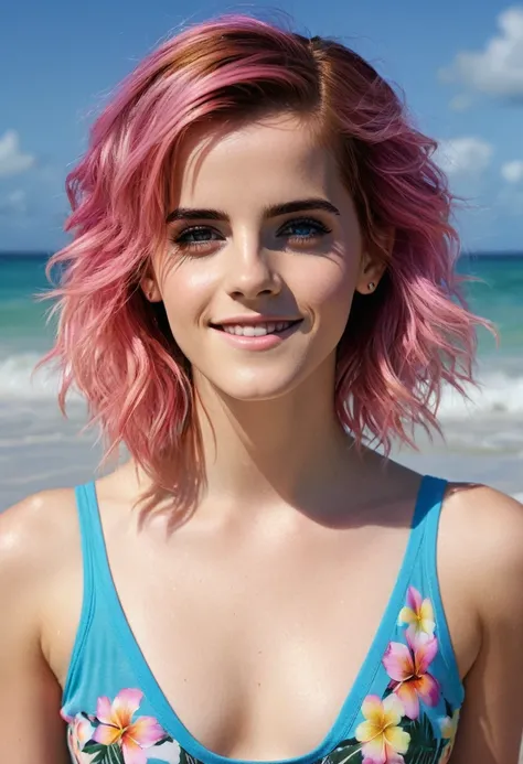 beautiful 20 year old acid emma watson, pink hair, voluminous 80s hair, blue eyes, photo-realistic skin texture, seductive smile, large , colorful tank-top and thong, playing in the water next to a Tropical beach, (full body:1.6), photo taken from a distan...