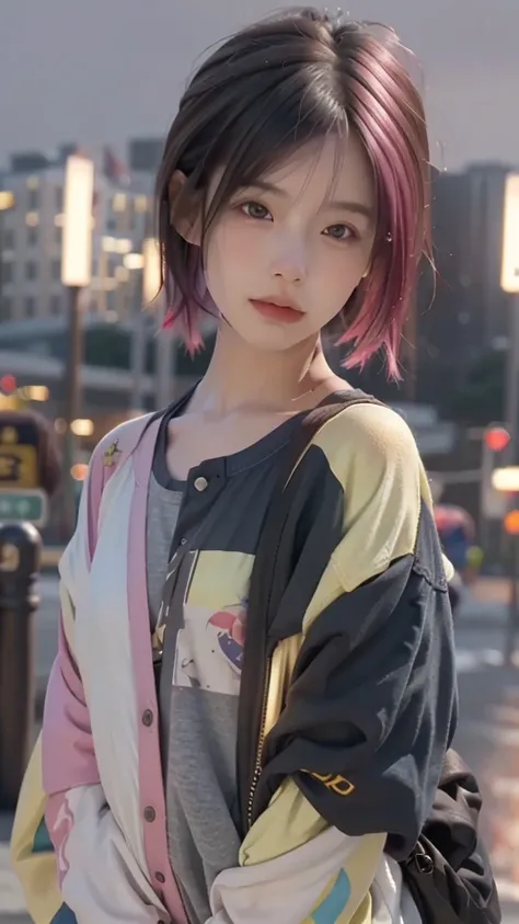 RAW shooting,12K, 最high quality, masterpiece, 超High resolution, (realistic:1.4), Raw photo, 1 girl,, short hair, (masterpiece, 最high quality, high quality, High resolution, Super detailed),pink hair, (Night lights:1.4), Cyberpunk attire、Layer Color、Clothes...