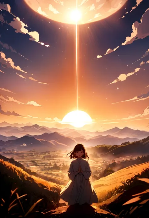 make a beautiful girl praying with an incredible landscape in the background and the sun rising to inspire people