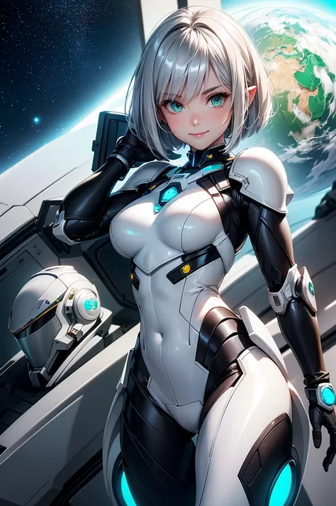 Perfect human body modeling, 1girl, beautiful girl, cute girl and idol face, young face, smile, ahoge and short bob cut and shiny silver hair, , hair, beautiful green eyes, medium breasts, shiny white skin, ears in robot style, black powered armor, full ar...