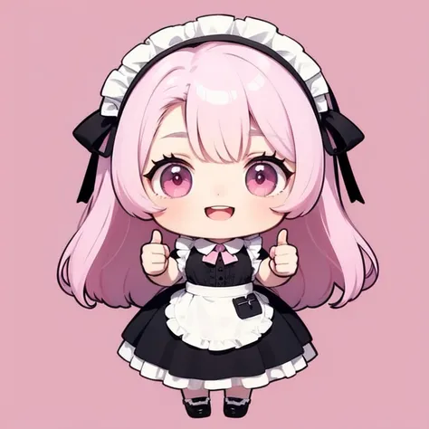 ((Highest quality)), ((masterpiece)), (detailed), Perfect Face, Perfect Arms, anime, Ultra-fine illustration, ((1 person)), ((Chibi Character)), Cute girl, ((Maid)), (Thumbs up, with own hands:1.2), smile, Open your mouth, Pink Hair, Pink Eyes, Full Body S...