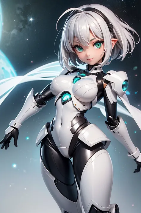 Perfect human body modeling, 1girl, beautiful girl, cute girl and idol face, young face, smile, ahoge and short bob cut and shiny silver hair, , hair, beautiful green eyes, medium breasts, shiny white skin, ears in robot style, black powered armor, full ar...