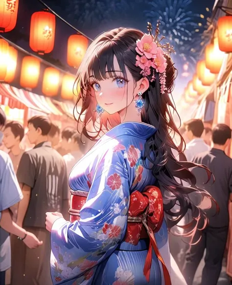 8K,gal，an extremely delicate and beautiful,Beautiful and realistic skin,Shiny jewel-like earrings,pink glowing tattoo,Long colerful hair,blue eyes,whole body,Sparkly beautiful  yukata,Summer festival,night,Beautiful glowing fireworks