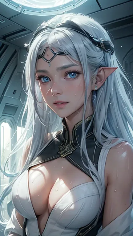 masterpiece, Highest quality, Highly detailed CG Unity 8k wallpaper,((whole body)), ((Bedroom inside the spaceship)), (Long pointed ears), Elegant long wavy light blue hair, ((Average chest, Self-illuminating skin)), ((A revealing black-on-white military u...