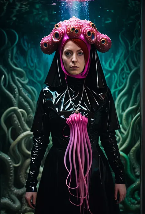 8K, ARTISTIC photogrAphy, best quAlity, mAsterpiece: 1.2), A (potrAit:1.2)  witch BLOOD   Cthulhu nun QUEEN, EYES, PINK many octopus style tentacles, full body RAW candid cinema, RED hair, 16mm, color graded portra 400 film, remarkable color, ultra realist...