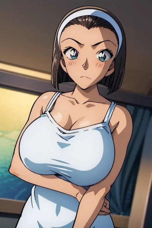 looking at the camera、When I Look at You、lookatviewer、Anime Style、Eroge、1 Girl,  (Huge breasts), (Tight white camisole dress)、Low Angle、Brown haired, hair band、Bob Hair、The forehead is visible、blush, White arm covers, bangs、The whole body is visible