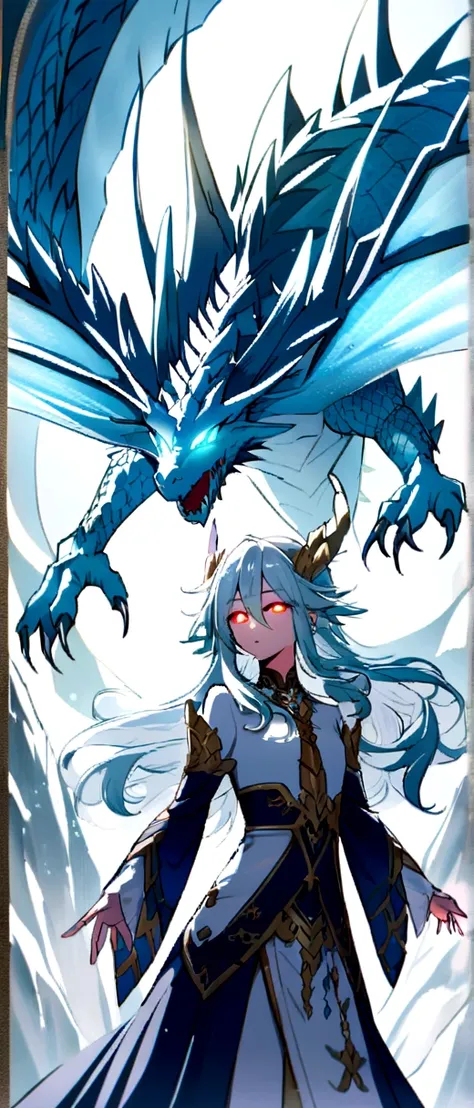 Dragon Personification,Ice Dragon,Beautiful young man.Long Hair,Glowing Eyes,Flying in the sky,