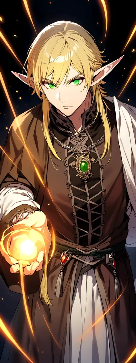 adult man, hair blonde, shorth hair, greeneyes, men&#39;s medieval clothing, elf ears, using magic