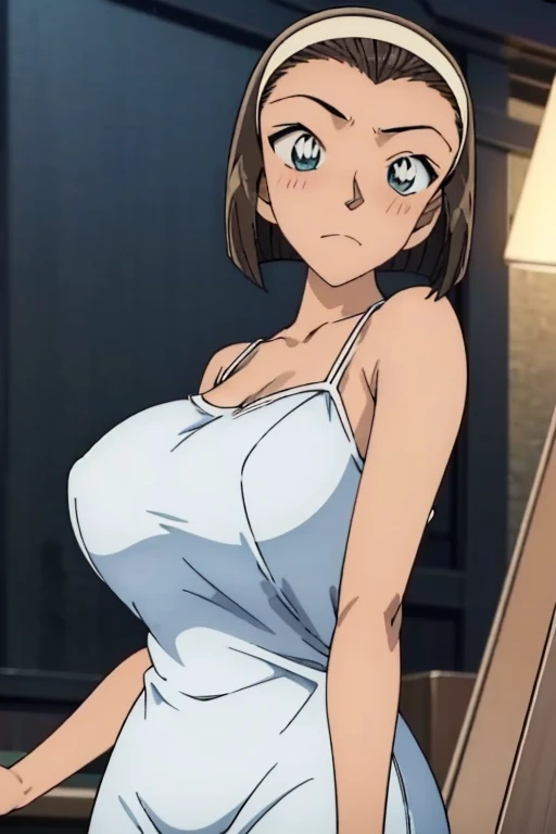 looking at the camera、When I Look at You、lookatviewer、Anime Style、Eroge、1 Girl,  (Huge breasts), (Tight white mini camisole dress)、Low Angle、Brown haired, hair band、Bob Hair、The forehead is visible、blush, White arm covers, bangs、The whole body is visible