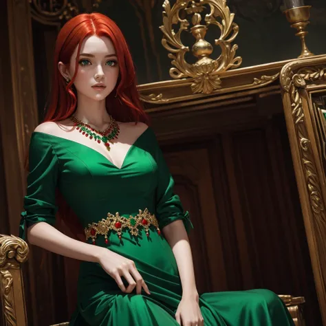 Girl with red hair and emerald green dress with many jewels and red magic 