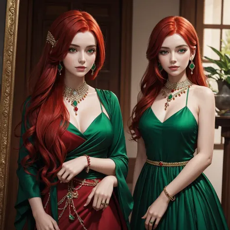 Girl with red hair and emerald green dress with many jewels and red magic 