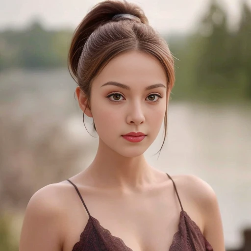 Araffe woman, beautiful,  long hair,black eyes,abdominal muscles, ผู้หญิงlong hairชาวเอเชียตะวันออกเฉียงใต้ที่มีใบหน้ากลม, ,ponytail, long hairลอยปลิวขึ้น, Large chest 36 inches, Warm light, morning sun,  long hair,black eyes,abdominal muscles, The body is...