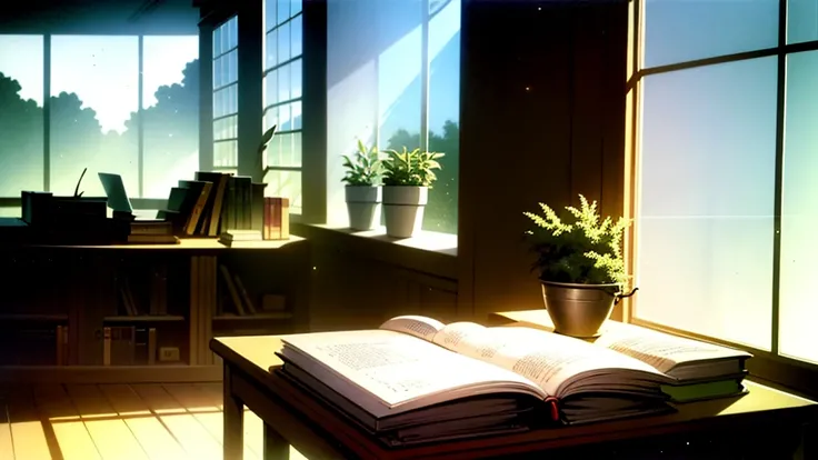 Create a tranquil scene perfect for a lo-fi music video thumbnail. The setting is a cozy study nook in a quiet library. The space features a wooden desk cluttered with open books, a laptop, and a steaming cup of tea. Soft, warm light filters in through a n...