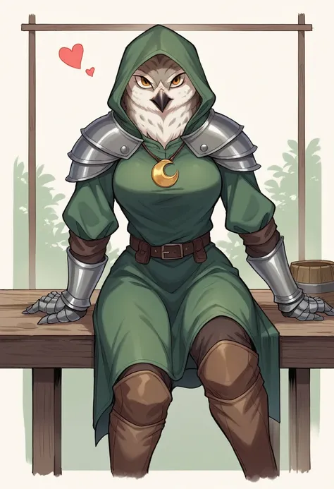 A 25-year-old female beastfolk with an athletic build, covered in mottled brown and white feathers like an owl, sits at a wooden table in a medieval tavern. Her large, round amber eyes and heart-shaped face with a sharp beak give her an intense look. She w...