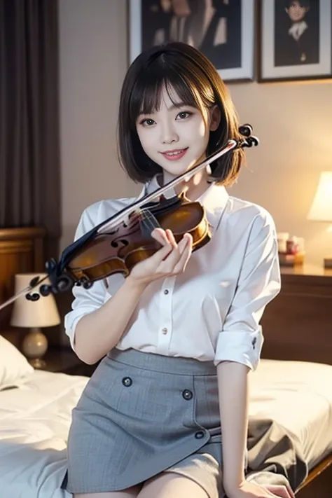 (A gorgeous Chinese office lady, age 28, wearing formal white shirt and grey pencil mini-skirt, playing a violin in her cosy bedroom at night, friendly and kind expression, gentle smile, dimpled smile, cute snaggle-tooth, Korean Bob Haircut Side-Bangs-Soph...