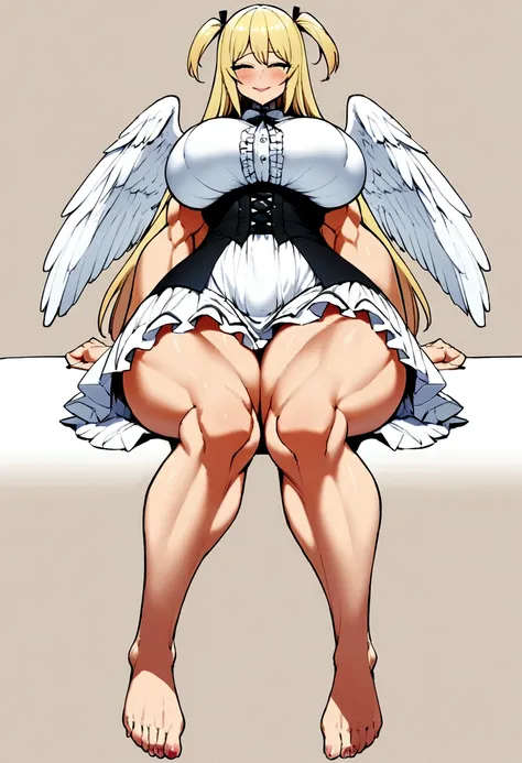 wariza,sitting,{full body},looking down,from below,{upskirt},dynamic angle, dynamic cut,naughty smile,macrophilia,{white wings},{angel},{muscular},{very muscle},{very curvy},{very big woman},{gigantic woman},{very tall woman},{long legs},{big breasts},{ver...