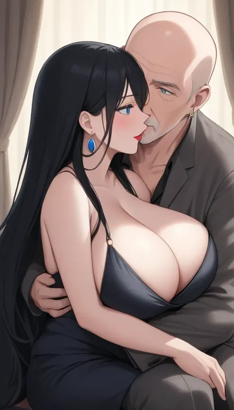 ((1woman, long black hair, young)), ((1oldman, ugly, old, nearly bald)), woman sitting on ugly fat oldmans lap, sitting on lap hug, big breasts,hoops earrings , lipstick, cleavage,blue eyes,old man kissing woman cheek s