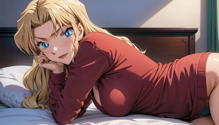 (masterpiece, best quality:1.5), ((Extremely detailed)), high resolution，Anime style，（Beautiful blonde woman, lying on the bed, red sweater, comfortable posture, perfect figure：1.3）