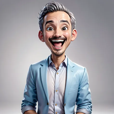 Create a realistic full body 4D cartoon character with a big head, an 30 year old indonesian man with a happy and cheerful expression. Mouth wide open, He has a bald head with wavy gray hair on the sides, big ears, bushy eyebrows and a prominent mustache. ...