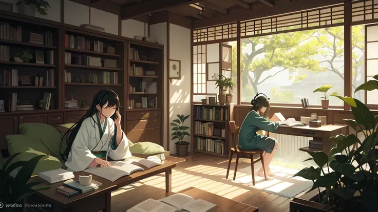 Create a tranquil scene perfect for a lo-fi music video. The setting is a japanese  in a cozy study nook in a quiet library. The space features a wooden desk cluttered with open books, a laptop, and a steaming cup of tea. Soft, warm light filters in throug...